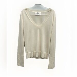 Dmn Paris 100% Cashmere Sweater Women Ivory Cream Sz 3/Large V-neck Quiet Luxury